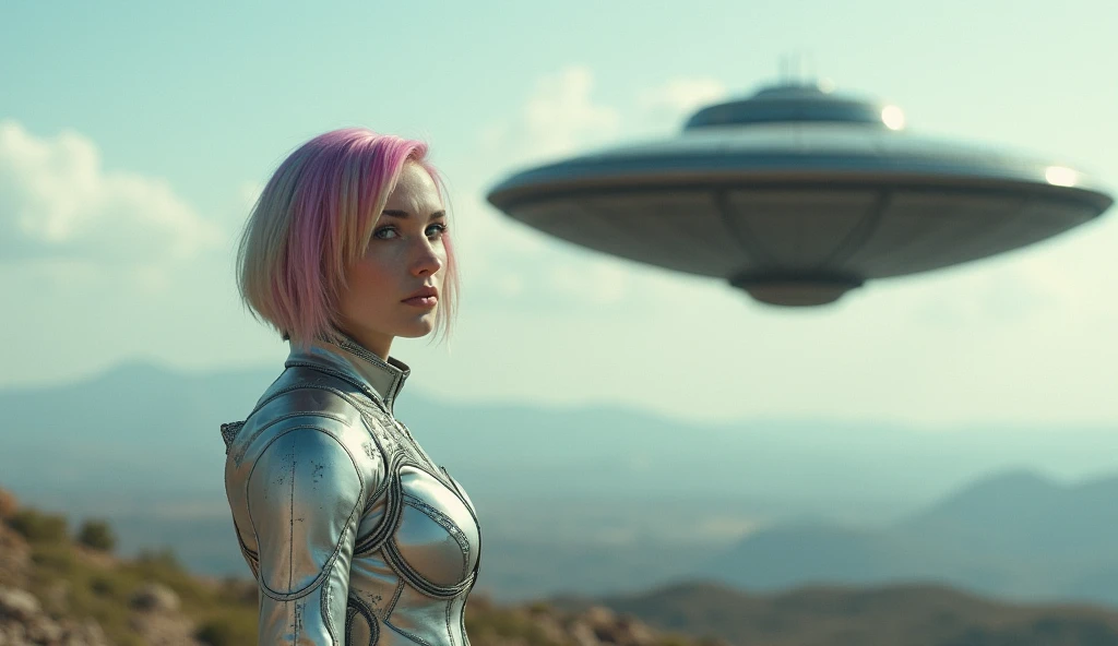 Realistic scene of a young Scandinavian woman with multicolored short hair wearing a silver alien suit standing in front of a flying saucer hovering in the air