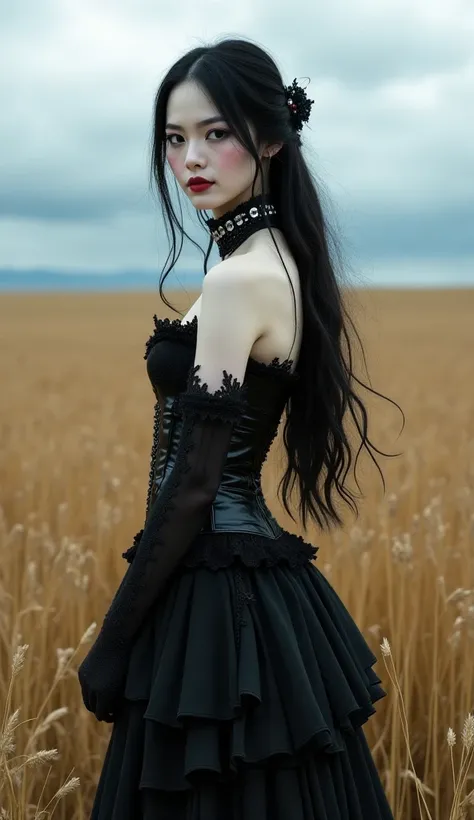 A full-body portrait of a 22-year-old woman with porcelain-white skin and jet-black hair. She has dark, captivating eyes, a gothic choker with intricate details adorning her neck, and a mysterious, subtle smile. She is wearing a gothic dress with lace and ...