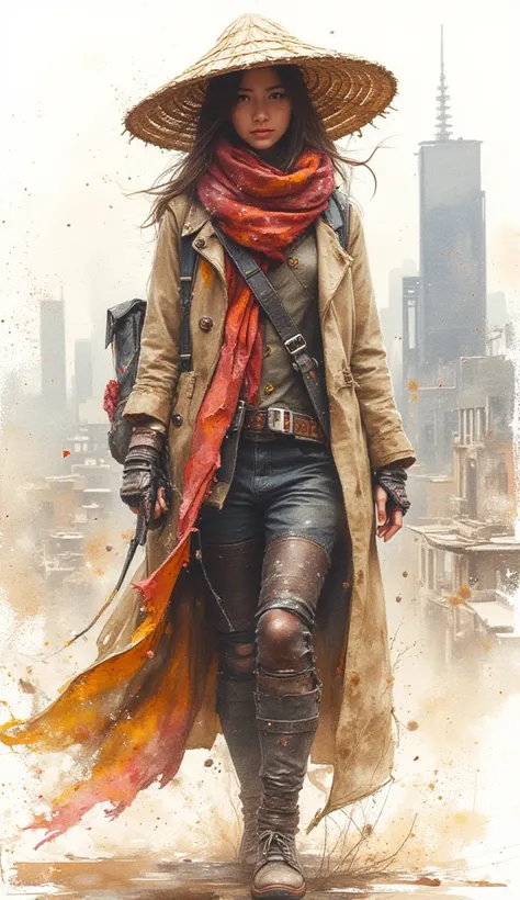 Create watercolour splash art style. A woman wearing a unique straw hat. Covering her eyes because of the large hat. Wearing a shabby scarf. Wearing a shabby long cardigan, gloves and high-tech mecha shoes. Walking in a city that combines apocalyptic and f...