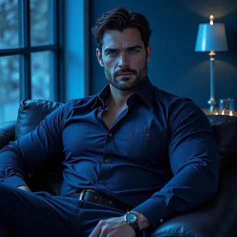 Drawing,  masterpiece, Sitting Big Strong Imposing Henry Cavill Sapphire Blue Eyes Blue Lighting on a Leather Sofa with Blue Lighting THERE IS A TALL MAN,  WITH BLACK HAIR HE'S MUSCULAR AND BIG.. IT IS VERY HIGH,  with a LARGE AND HIGH PRESENCE ,  with str...