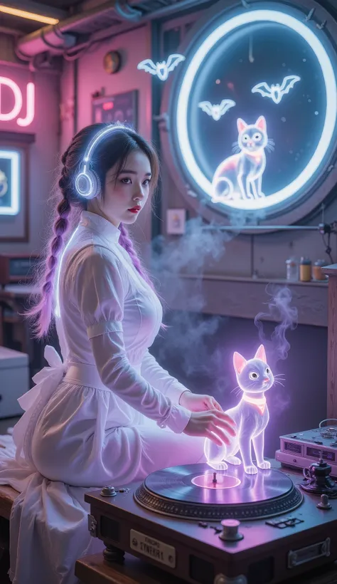 Full Color, (transparency:2.0), Girl faces audience sideways ,She wears light-emitting headphones🎧, wearing a maid costume on the bench,The background wall has a glowing aperture,Close shot,
rest Ultra-realism, Detailed Realistic Skin Textures , detai...