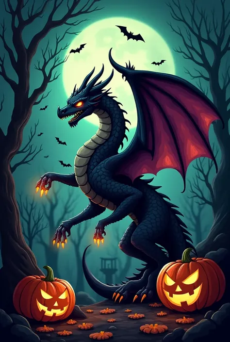 Create a Halloween-themed logo for a profile picture featuring a dragon. The dragon should have eerie, glowing eyes, scales that shimmer with dark purples, oranges, and blacks, and its wings should resemble bat wings. The background should be spooky, with ...