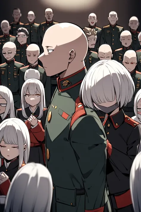  Our Hero Academia 、 Hiroaka、Height: 166cm、、 girl、 beauty、 can freely manipulate the direction of the vector、 has long white hair and is bald、Costumes are military uniforms、Alone in the picture 