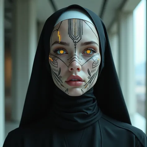 portrait of a futuristic nun, face tattoos