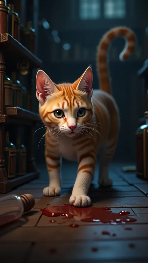 A  male cat expresses curiosity, sniffing the air, a room full of medicine and spell books, realistic style, the cat knocks over a medicine bottle, spilling its saliva.