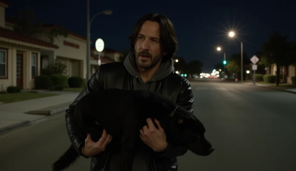 Keanu Reeves Carrying an Injured Dog:
A nighttime street scene with Keanu Reeves, wearing a leather jacket and hoodie, gently cradling an injured black Labrador mix in his arms. His face looks urgent and concerned as he rushes towards a closed veterinary c...