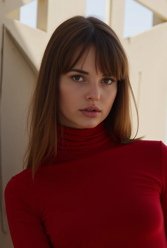 Photo, (sharp focus:1.2), (masterpiece), beautiful evil slavic woman, pale skin, long light brown straight hair, cinematic film still, stylish photo, geometry, sunlight, ((black turtleneck, dressed in blood red closed clothes)), art portrait with transpare...