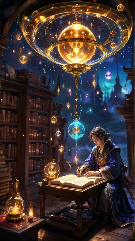 A magic book is opened、A glowing orb emerges from the air。An alchemist concentrates while writing、The surrounding light slowly pulsates and glows。The starry sky spreads in the background、Celestial bodies slowly rotate。A fantastical alchemist's laboratory w...