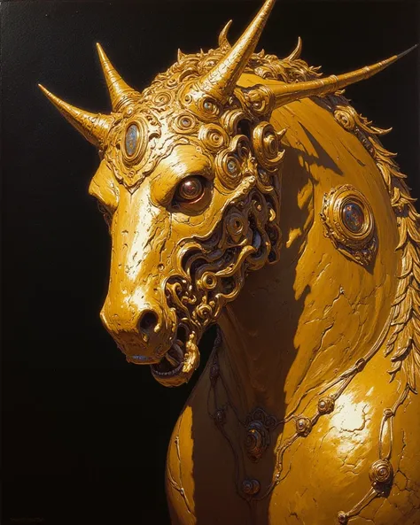 epic close up oil painting of Mysterious Servant hybrid creature Head of dragon body of horse, golden skin, intricate detail