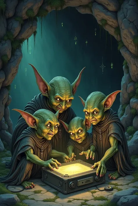 Create an image with goblins gamers playing retro video games in a cave with a dark fantasy setting. Leave the image as if it were a very old illustration.