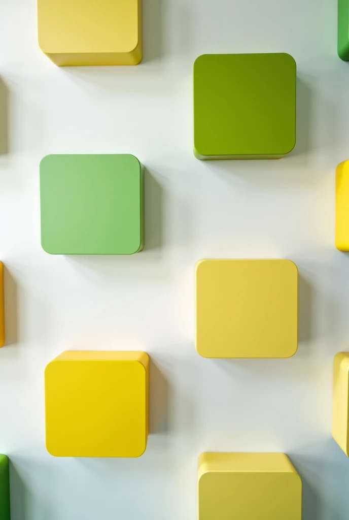 Generate a school classroom in which the walls will be mounted acoustic panels in the shape of squares in green yellow , panele mają mieć proste krawędzie, squares of small size 