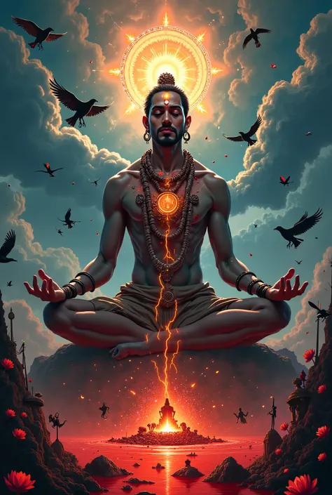 Surreal 2D animated artwork featuring a Brahmin figure in a meditative pose, with a glowing third eye, sewn-shut mouth, and lightning coursing through his veins. He wears a skull garland, surrounded by a stormy sky, fractured dimensions, a cremation ground...