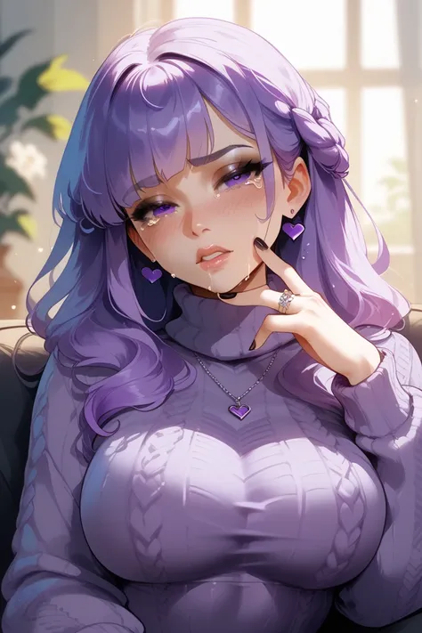 Sexy goth girl with a blushed expression and crying with happiness, with short intense purple hair, purple eyes with dark eyelids, wearing a tight deep purple wool sweater with an engagement ring on the finger.