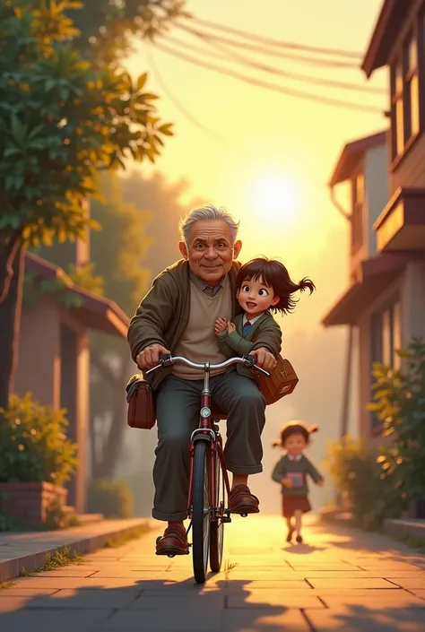 First Part: "The Journey to School" 🚲📖
1. "Father and Daughter on Bicycle"
"An old man, around 70 years old, with a kind face and wrinkled hands, pedals a rusty bicycle through a quiet morning street. Behind him, his  daughter sits happily, holding onto he...