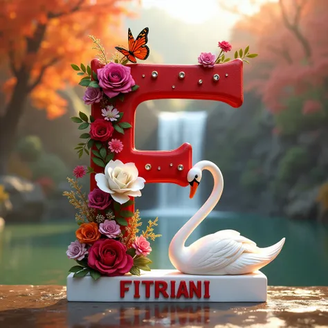 A 3D render by BeUnique777 of a bold, red-textured letter "F" with a mesmerizing design. The letter is placed on a white plaque with the name "FITRIANI" in bold red font. There's a fluttering red, orange, and yellow butterfly at the peak of the letter. The...