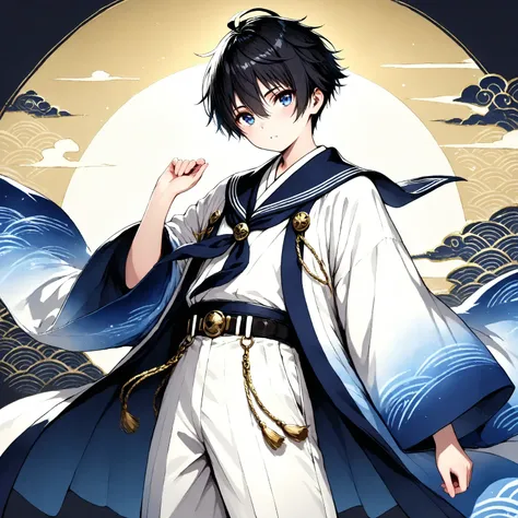 (masterpiece, best quality), 
1boy   ,Shinkai Nagi,black short hair,blue eyes,haori with white to midnight blue gradient, wide kimono sleeves, gold seigaiha wave pattern near sleeve cuffs, furisode-style sleeves, sailor uniform, 
(navy jogger pants), gold ...