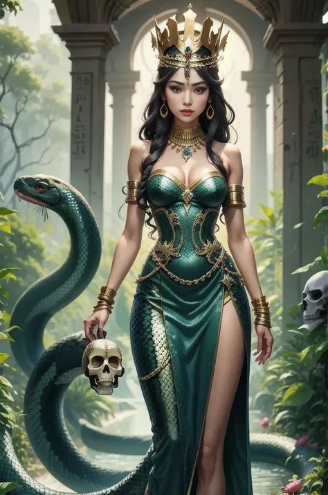 Egyptian Queen，skull crown  ，  snakeskin dress  ，  holds a black python in her hand，  red eyes。，peony，lightning