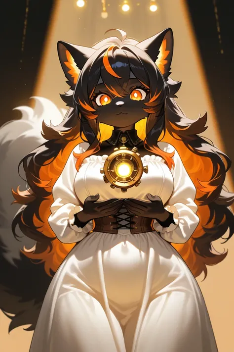 furry, cat, short torso, black fluffy layered body, long black layered poofy fur past waist, layered black fur, black layered hair down to waist, big hair, soft glowing elements, extra long fur, ultra cute face, ultra detailed fluffy tail, orange highlight...