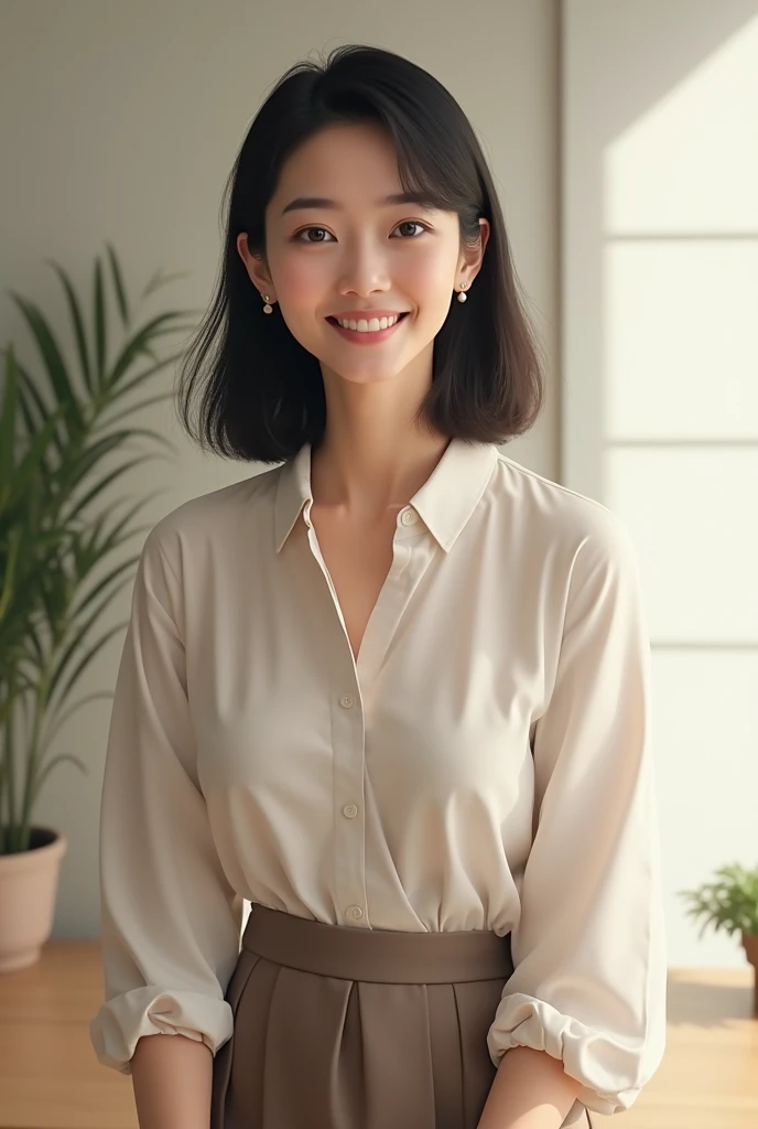 Japanese woman in her 40s wearing neat clothes and smiling