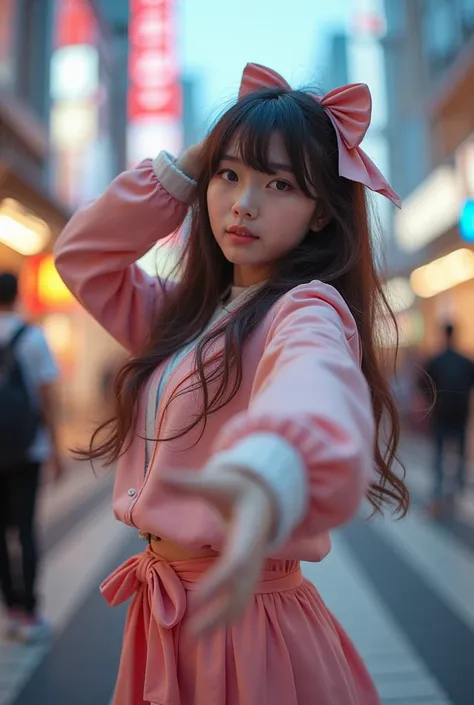 korea cute girl, anime cosplay, long shot, dynamic cute pose, trending, hdr, very detail, very clear, fish eye lens, background ginza,soft, bokeh, reality, ultra hd. 