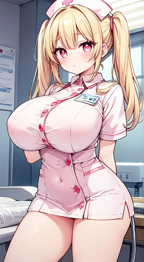  top quality, nurse uniform, Pink Nurse, miniskirt,  twin tails, blond, hospital , sex,Medical Records,  Big Breasts in the Temple ,  glamorous,、Complex eyes with bright red eyes and bright pupils  ,