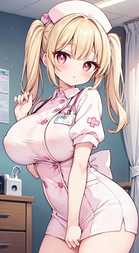  top quality, nurse uniform, Pink Nurse, miniskirt,  twin tails, blond, hospital , sex,Medical Records,  Big Breasts in the Temple ,  glamorous,、Complex eyes with bright red eyes and bright pupils  ,