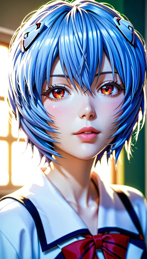 1 ,  ayanami rei,  Neon Genesis Evangelion, a girl with blue hair and red eyes,  anime style,  Animes from the 90s ,  school uniform, kawaii,  detailed face,  detailed eyes,  detailed hair , beautiful  detailed eyes,  beautiful and detailed lips , extremel...