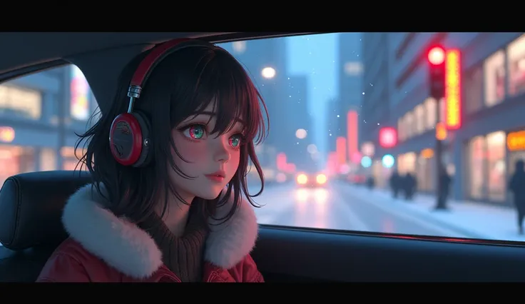 3d animation, beautiful anime girl Taking a taxi, headset listen music sitting in the back seat, stuck at a red light, winter season no snowflake.
