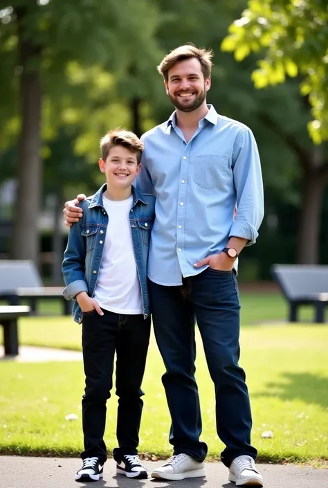 Here's a detailed prompt for generating an image of a father and a 15-year-old  dressed in casual attire:

**Prompt:**  
A father and his 15-year-old  standing side by side in a relaxed, casual setting. The father is in his mid-30s, wearing a comfortable l...