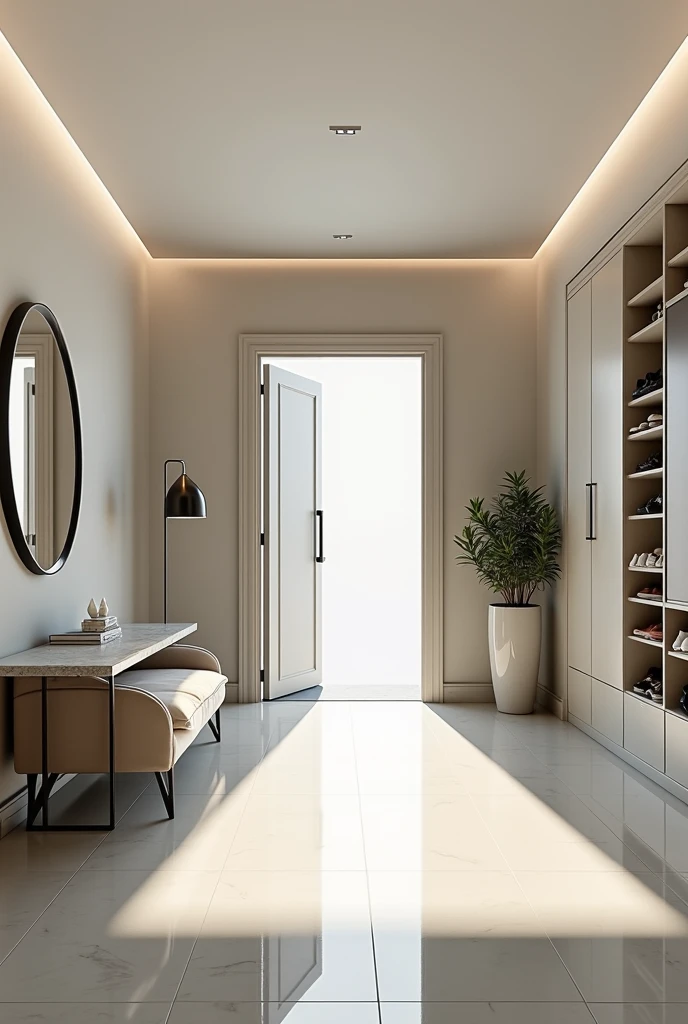 PROFESSIONAL 3D PERSPECTIVE RENDERING OF THE DESIGN OF THE ENTRANCE SPACE TO THE APARTMENT IN A VERY MODERN AND VERY MINIMAL STYLE AND A SMALL ROUNDED AND MODERN VERY MODERN AND VERY MINIMAL AND EXPENSIVE COMFORT FROM VELVET TO LIGHT BEIGE FOR SITTING AND ...