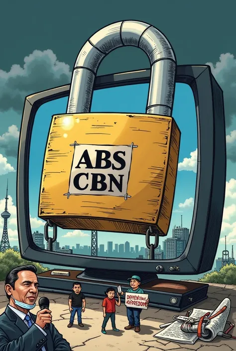 Make me a CARICATURE about: A Giant Padlock on a TV Screen

Draw a TV screen with the ABS-CBN logo, but it is locked with a giant padlock, symbolizing the shutdown and suppression of media.
The key to the lock is held by a politician’s hand, indicating con...