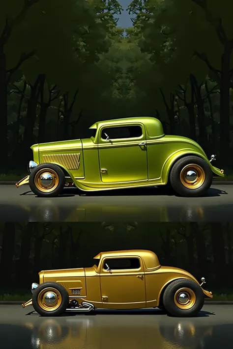 32 ford five window coupe, painted gold with transparent lime green mix.