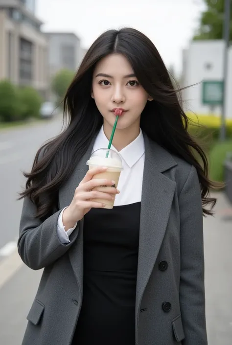 A stylish young woman with long, wavy black hair is captured from a slightly high angle, focusing only on her upper body. She is walking through a quiet residential neighborhood while holding a Starbucks Frappuccino in one hand. As she playfully sips throu...