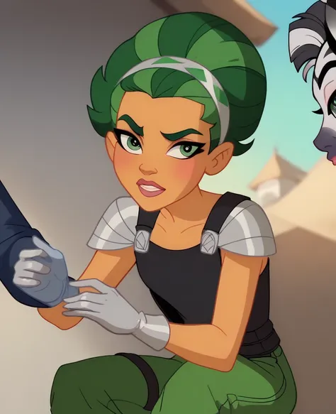 Mad Harriet is a young orange-skinned alien girl with shoulder-length wild green hair. She has white eyes and wears pink blush. He wears a silver headband with silver shoulder pads, silver gloves, a white and black vest with a zebra pattern, and green pant...