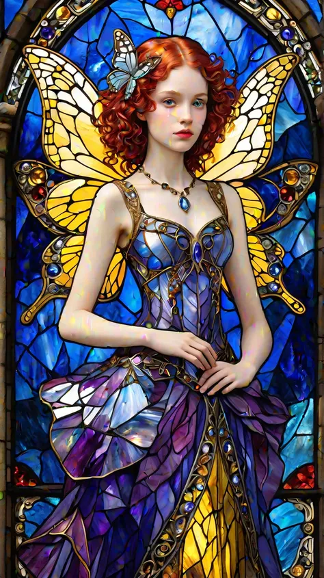 Three primary colors ,  movie,  Official Art,  Clear Glass,(Beautiful fairy),butterfly sapphire,Mustard flowers,  Baroque, Claora, highly detailed stained glass dress, Amethyst crystals, Iridescent Labradorite Crystals,  Marc Chagall,  Intricate and Highly...