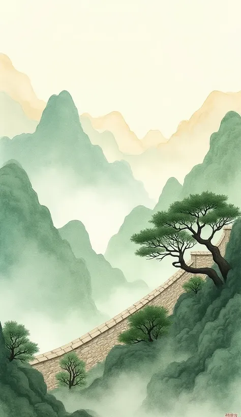 " Traditional Chinese watercolor illustration, soft lines with green and ochre tones ,  wall integrated into mountainous landscape ."  