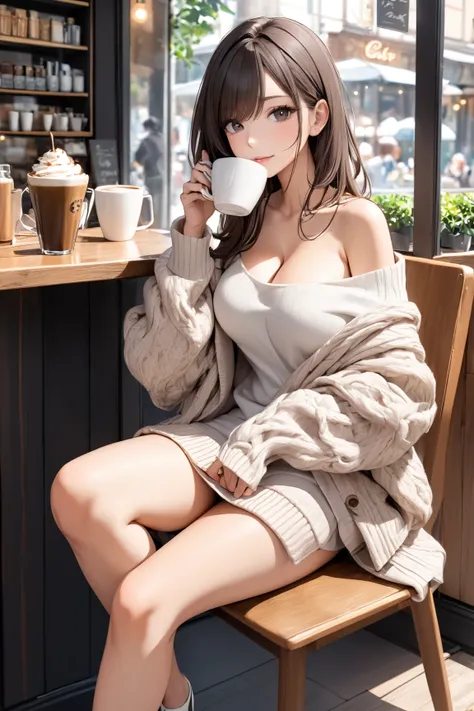 A woman sitting on a chair with her legs crossed and drinking coffee. Large, loose sweaters, , open-chested designs, sitting cross-legged, cafes,