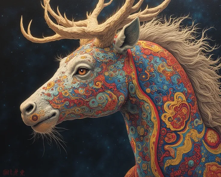 epic close up oil painting of Mysterious hybrid creature, chinese legendary, qilin, Head of dragon body of horse,beauty lion mane, deer antlers, colorful skin, intricate detail