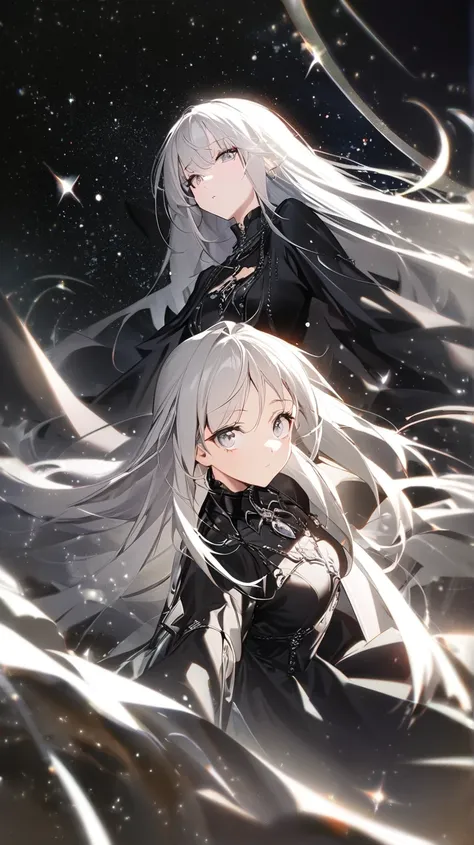  one girl, short, long silver hair,Silver Eyes,stare blankly into the distance,The expression of the sky above ,silver and black gothic dress,It's floating a little,Above the watch version,god々Shii,silvery light particles