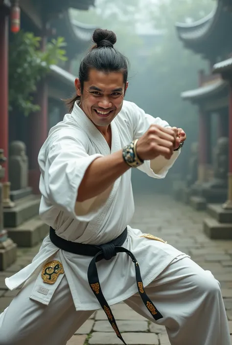 The expression is a smile. Produza um traje de artista marcial masculina moreno clara com olhos castanhos desenhado em tons de branco profundo. Give this image a dynamic sense of fire and wind. Next, adicionar uma roupa de combate (kimono karate) projetado...