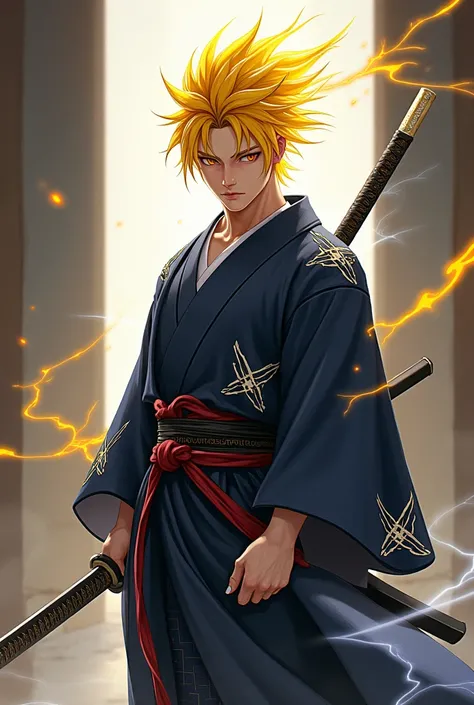 male yellow lightning genasi samurai in a yukata with white triangle patterns wielding long katana. long spiky yellow hair