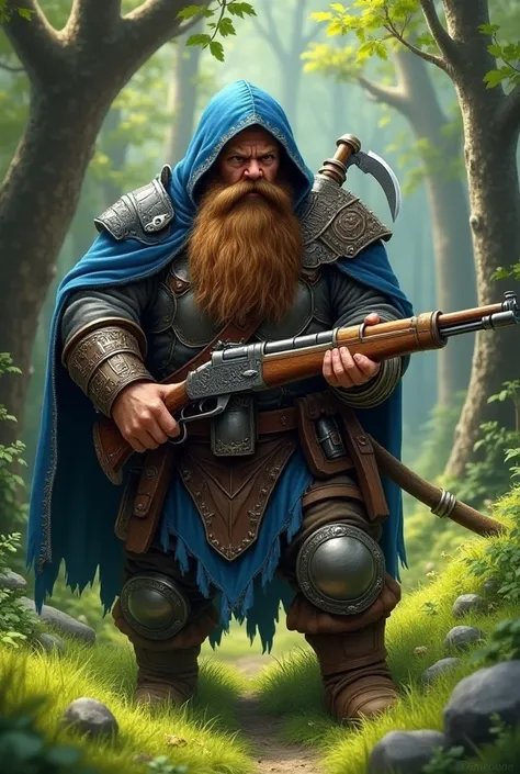 A highly detailed and realistic depiction of a dwarf warrior in a lush green forest. The dwarf has a long, thick beard and wears a blue hooded cloak with heavy armor pieces on his shoulders. He holds a large, antique-style rifle with intricate engravings, ...