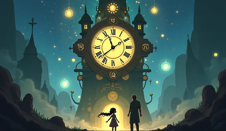 "A towering, magical clock surrounded by mystical symbols, sparkling orbs, and shimmering gears. Luna, a young girl with bright green eyes and long braids, stands in awe before the clock. Her uncle stands beside her with a protective smile. The scene is fi...