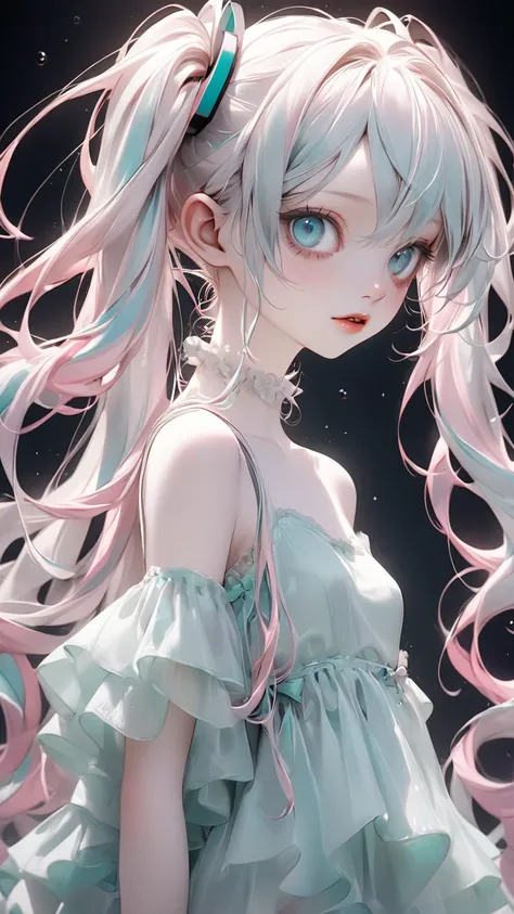 Tim Burton style、albino, extremely realistic 、 pastel color、 Hatsune Miku、