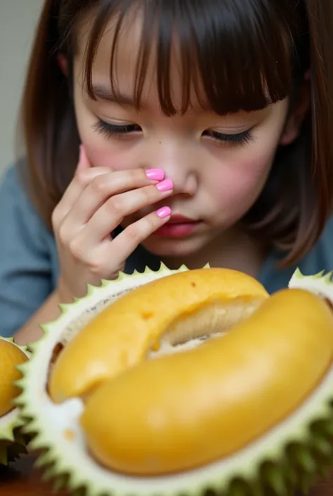 real photo. Close-up photo. A young Nordic is looking at a big durian cut in half on the table. She smells stink and covers her nose with her hand. She has cute hair, pink manicured nail, long eyelashes, beautiful face.