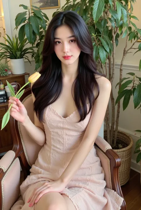 a woman sitting on a chair with elegant style. She wore a light pink lace dress and held a light yellow tulip in her hand. The background has many green trees and wall paintings, creating a gentle, sophisticated space. The exterior and interior have a clas...