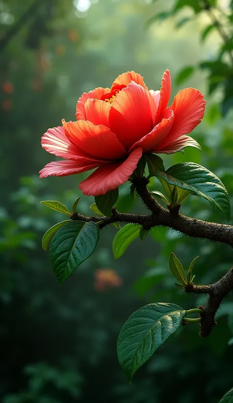 A beautiful red and green flower is blooming on a branch, this should be visible when zoomed out.