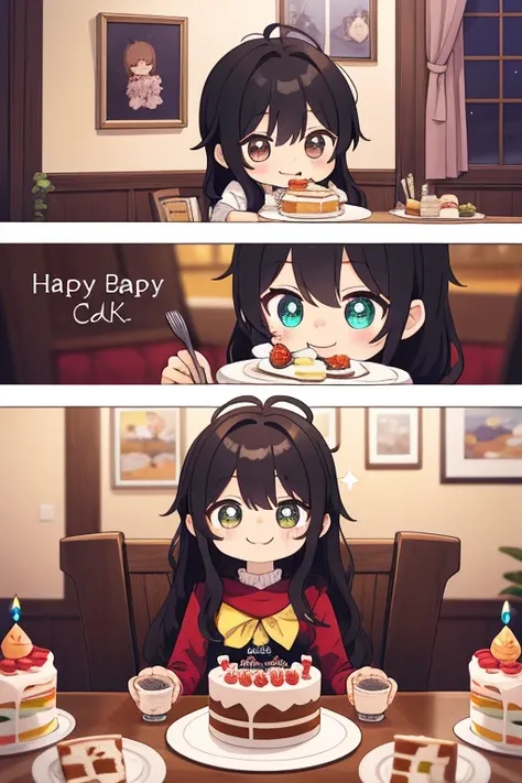   super detailed,  Masterpiece,  TOP QUALITY,  indoor,  in the seat,work,  comic style  , speaks sincerely,  small,  long dark hair ,  chibi,Sparkling Eyes,,  happy birthday,article,  cake,Food,  eats,  table,  happy 