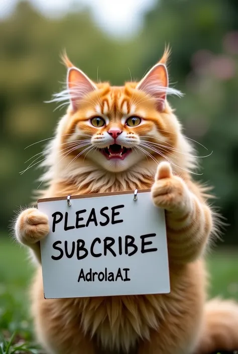 A fluffy orange cat is seen holding a sign that says "PLEASE SUBSCRIBE AdrolaAI". The cat's enthusiastic expression while giving the camera a thumbs up creates an entertaining humorous atmosphere. The camera movement can show the details of the cat's expre...