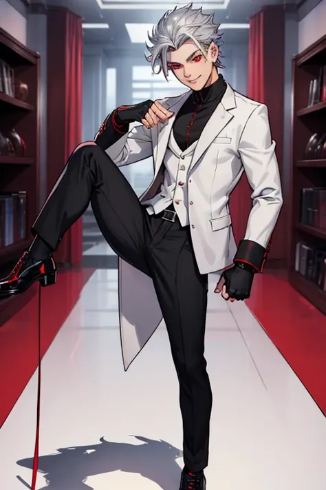 male, silver hair, red eyes, silver wolf ears, silver wolf tail, (((1boy))), (((silver blazer))), (red shirt), (black pants), (black fingerless gloves), (black shoes), handsome, long legs, smiling